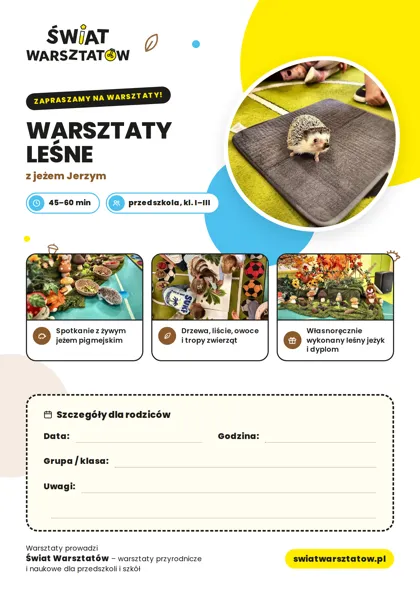 Plakat: Warsztaty leśne z jeżem Jerzym